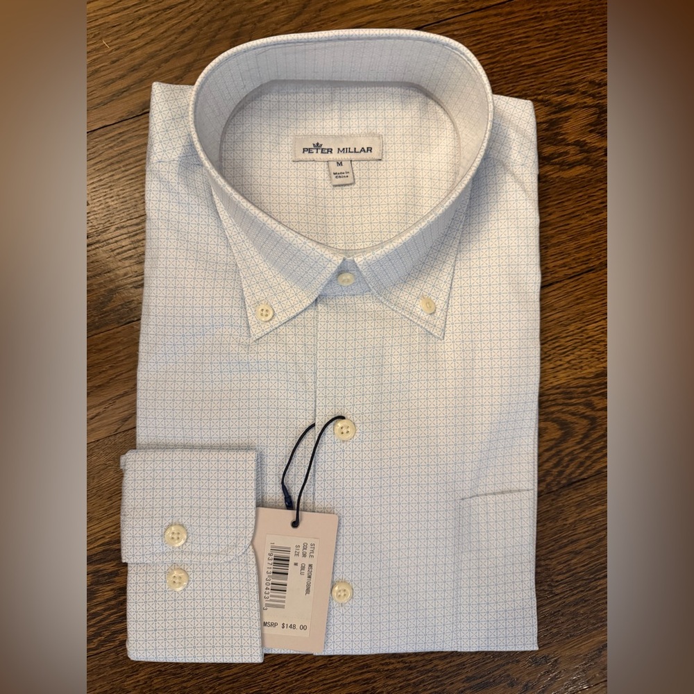 NWT Peter Millar Men's Crown Ease Phillip Sport Shirt - Medium - Blue/White